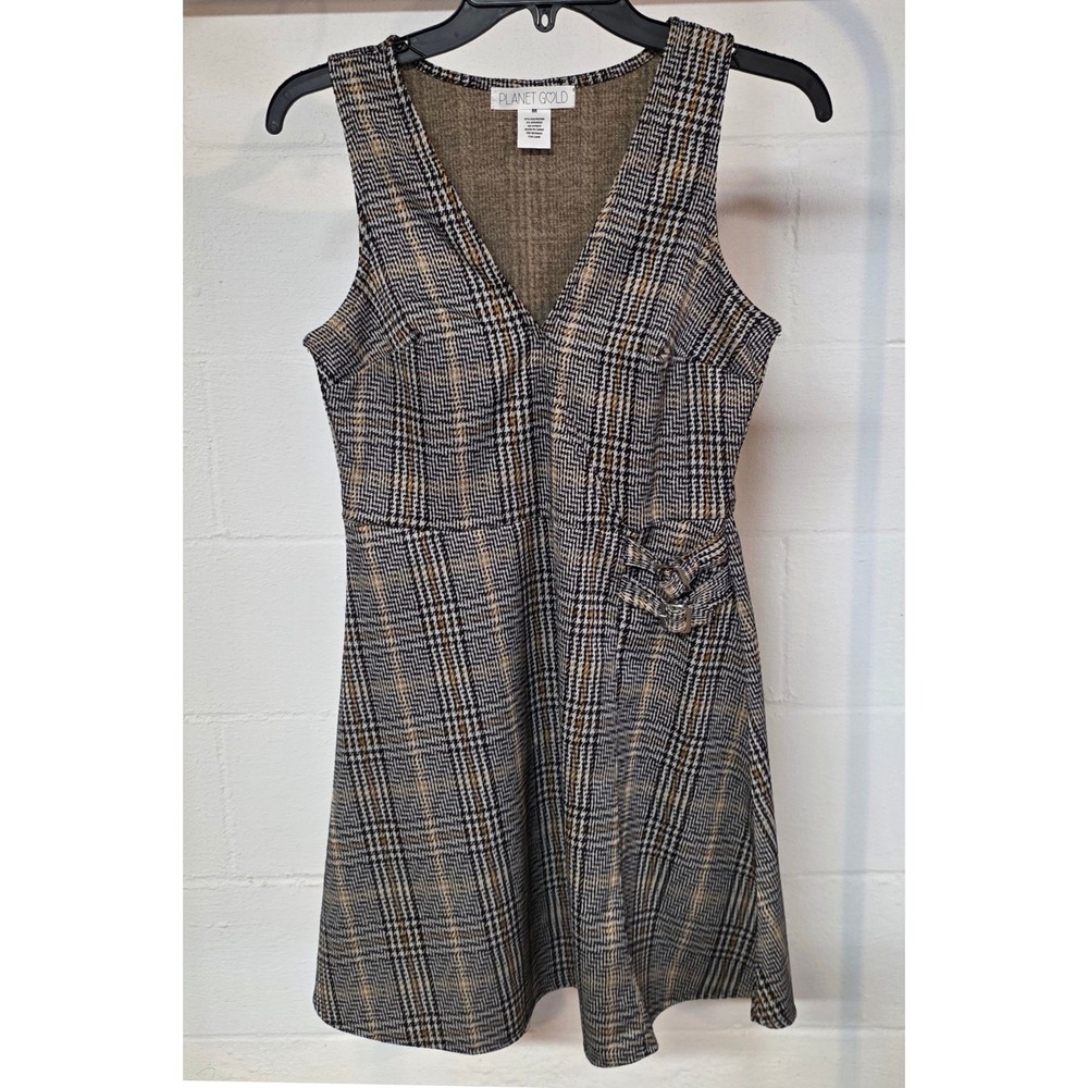 Planet Gold Womens Glen Plaid V Neck Sleeveless Mini Dress Buckle Detail Size M